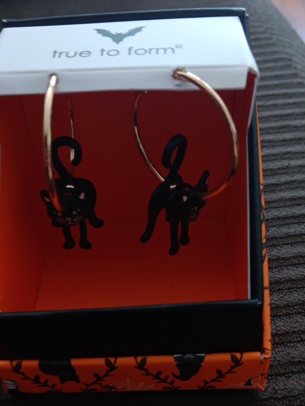 True to Form Gold Hoop Earrings with Black Cat Charms